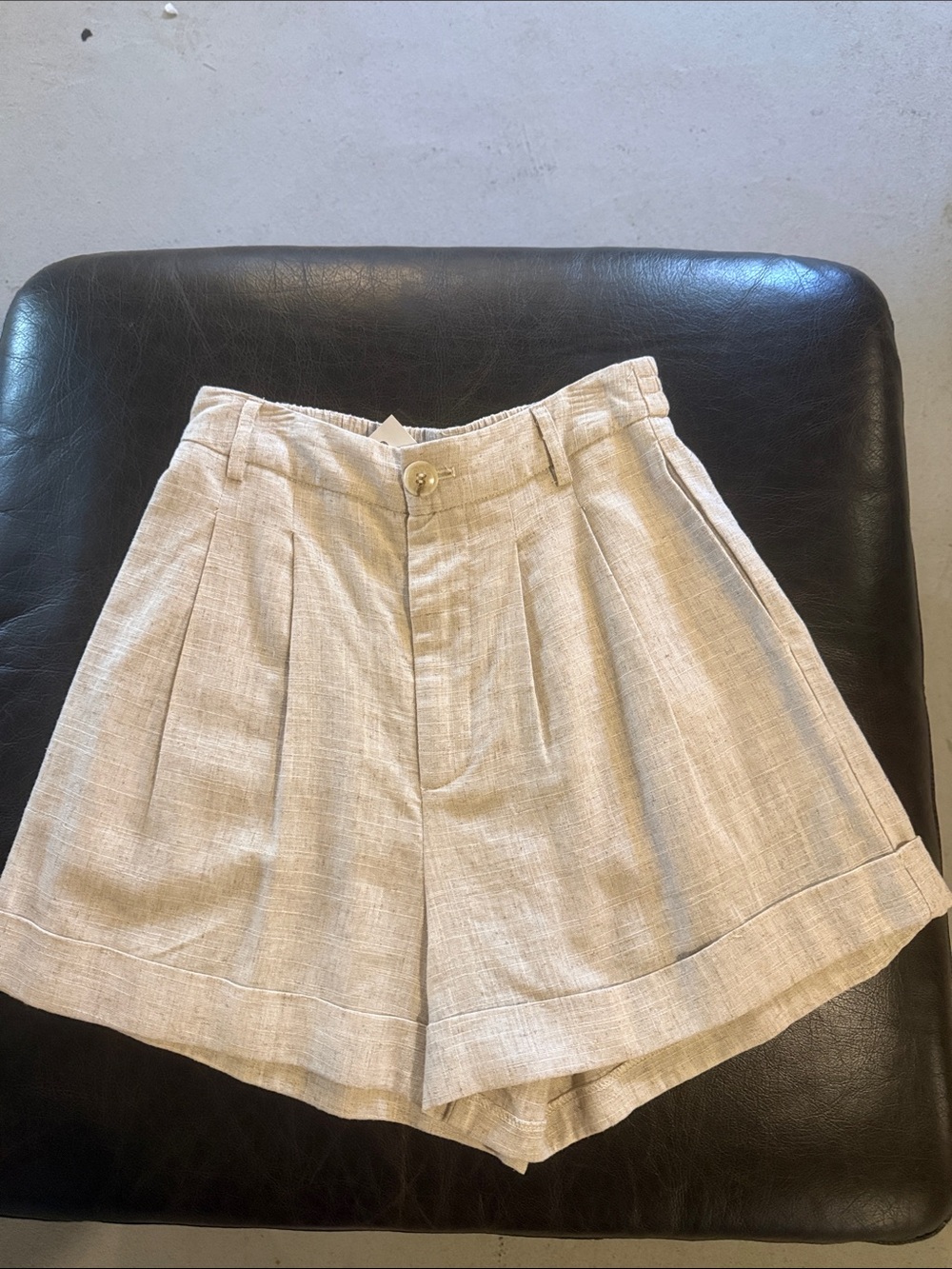Olivaceous Light Beige High-Waist Pleated Shorts